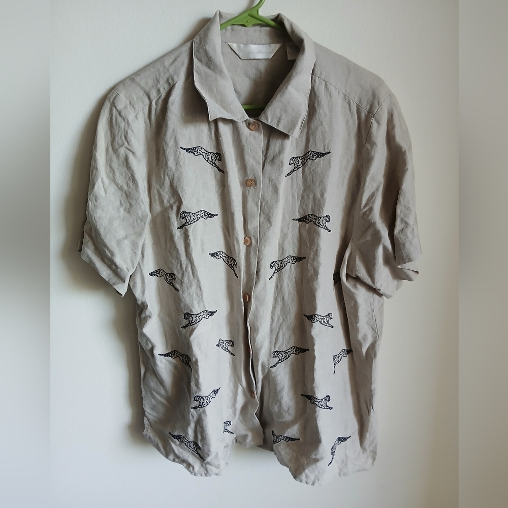 Peter Martin cheetah Linen Shirt Button Down Women 14 Safari Animal Embroidered